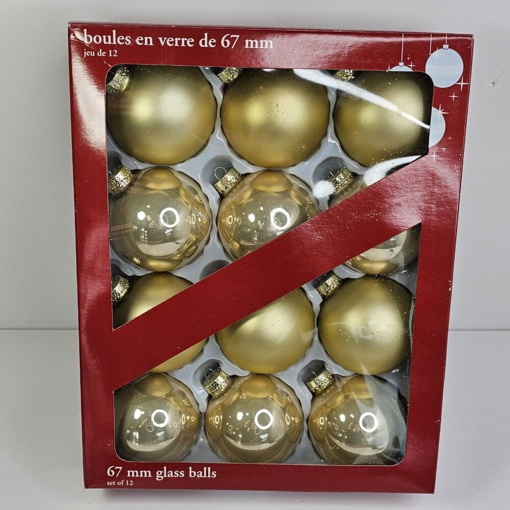 Gold Glass Round Christmas Ornaments Matte And Shiny With Box Heavy Glass